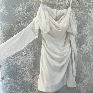 White silk long sleeve cinched dress